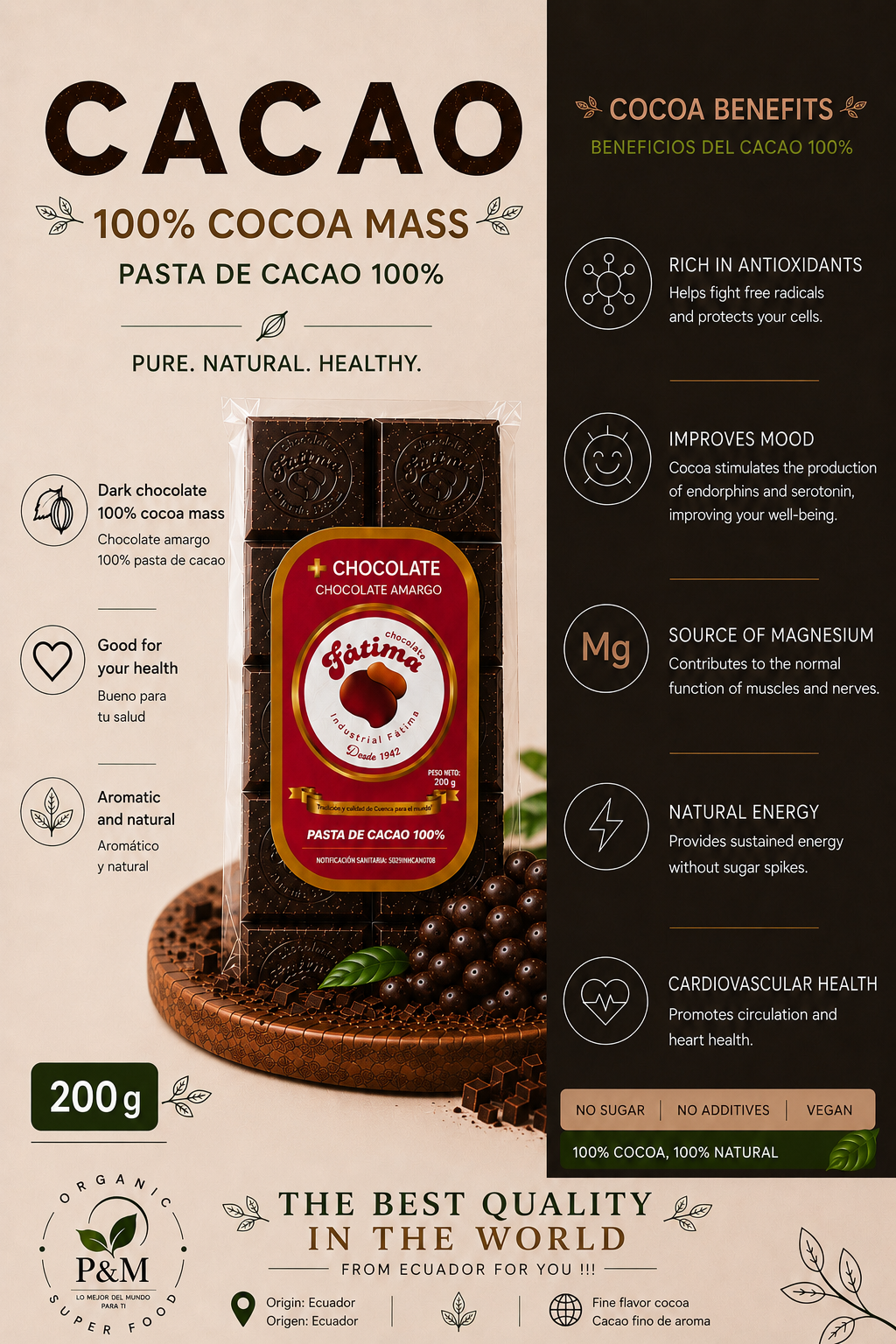 100% Pure Ecuadorian Cocoa Mass / Fine Aroma Chocolate 200g.